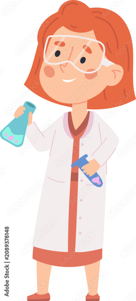 Obraz premium Young scientist wearing lab coat and safety goggles holding beakers with experimental liquid