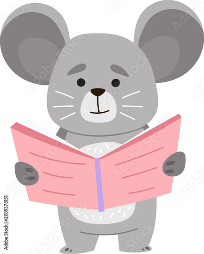 Mouse character holding a pink book, immersing in reading and gaining knowledge