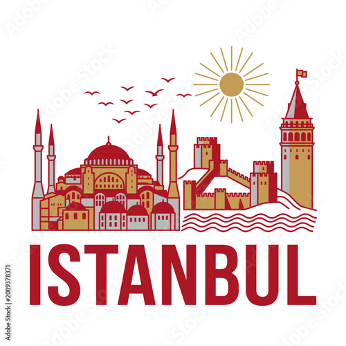 Colorful illustration of istanbul city skyline with sun and birds