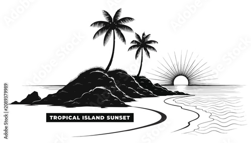 Obraz na plátně Very beautiful black and white realistic vector illustration of a tropical islan