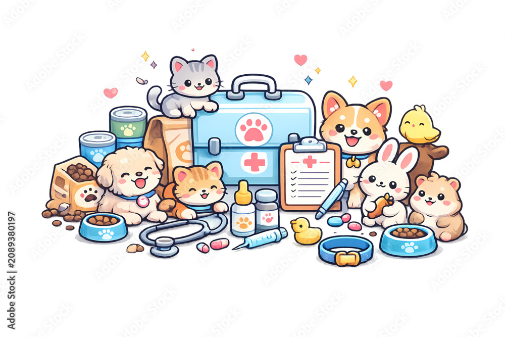 Fototapeta premium cute vet clinic, veterinary clinic, happy animals, kawaii pet hospital, adorable veterinarian, cartoon animal clinic, cute pet care, smiling dog, happy cat, friendly veterinarian, animal healthcare, v