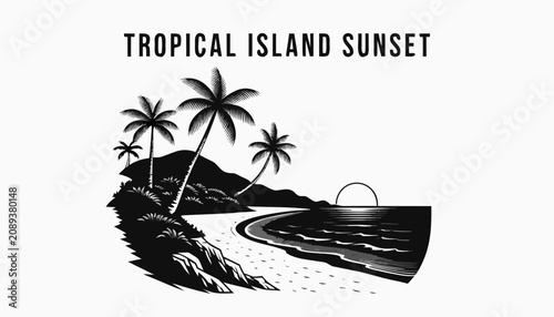 Foto Very beautiful black and white realistic vector illustration of a tropical islan