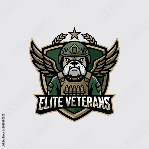Elite Veterans Esports Mascot Logo featuring a Fierce Bulldog Soldier with Wings and Shield