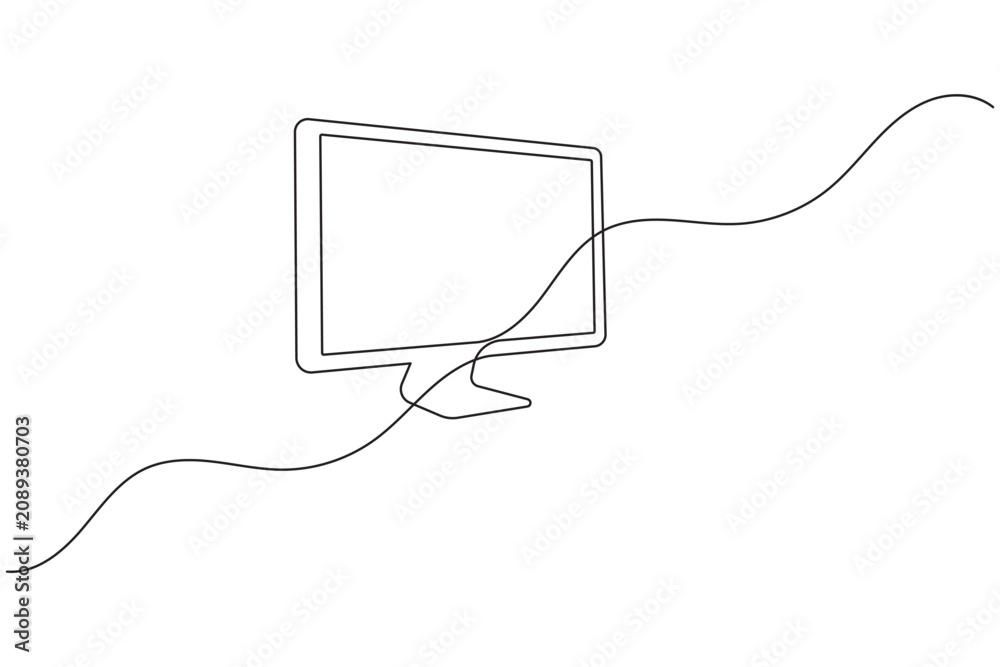 Obraz premium Computer monitor screen continuous one line drawing minimalist desktop display side view outline vector illustration