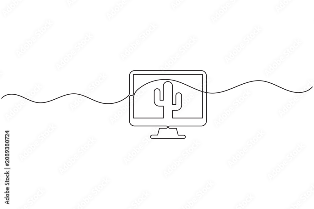 Obraz premium Computer monitor screen with cactus continuous one line drawing minimalist desktop display outline vector illustration