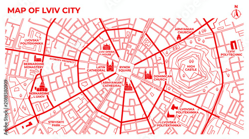 Photos Lviv City Map, Ukraine - Red Schematic Design with Landmarks and Streets