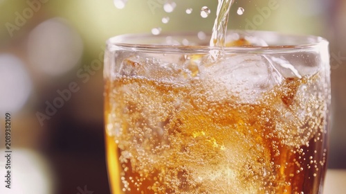 Close-up of soda pouring into a glass with ice