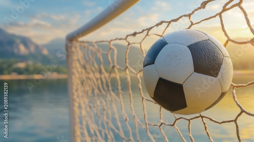 Soccer ball in a goal net by a lake at sunset