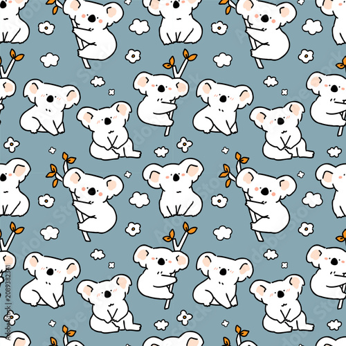 Seamless Pattern with Cute Koala Bear Design on Blue Grey Background. Hand Drawn Vector Illustration.