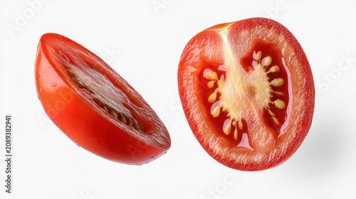 Two sliced red tomatoes, halves, in mid-air, against white background