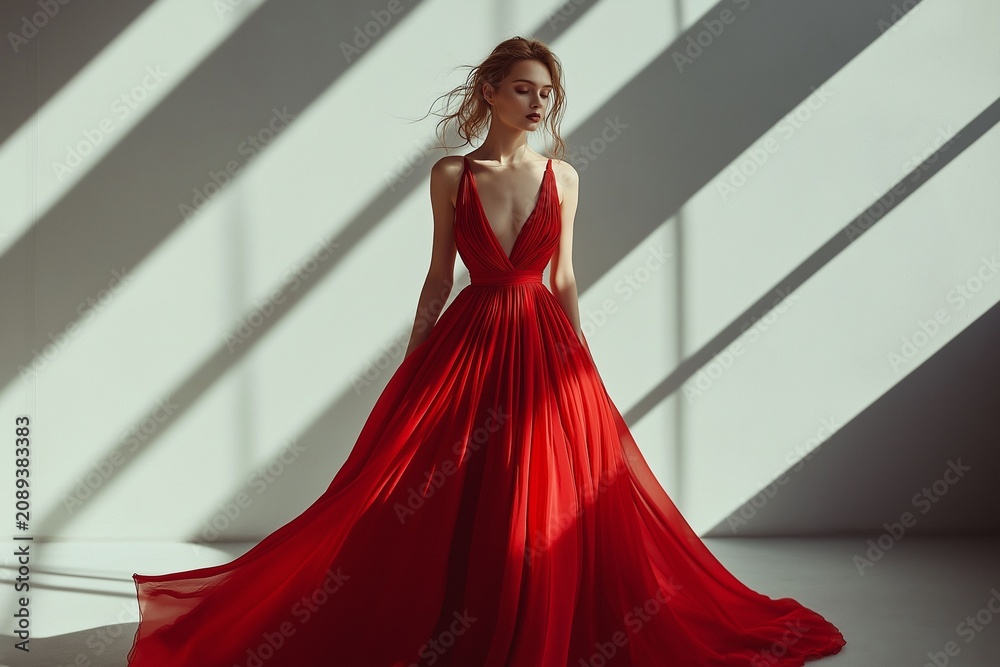 Fototapeta premium A woman in a red dress is standing in front of a white wall. Generative Ai