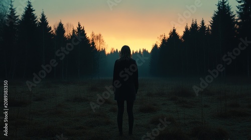 Silhouetted woman facing sunrise in a forest