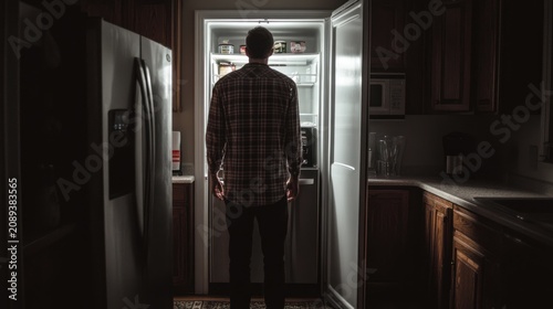 Person facing empty fridge at night