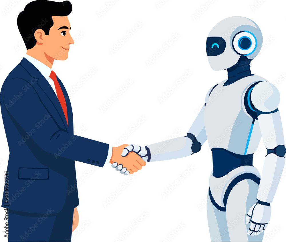 Fototapeta premium Businessman Shaking Hands With AI Robot for Business Partnership