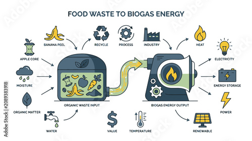 Quadro su tela Food Waste to Biogas Energy Infographic Process Flowchart with Icons and Workflo