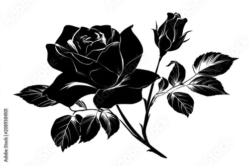 Graphic Black Rose with Bud and Leaves on White Background Elegant Floral Illustration Monochrome Design Botanical Art