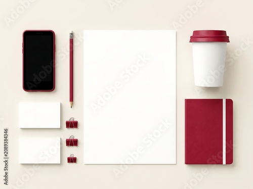 Minimal Red Office Stationery Flat Lay Mockup with Blank Paper Notebook Coffee Cup and Smartphone