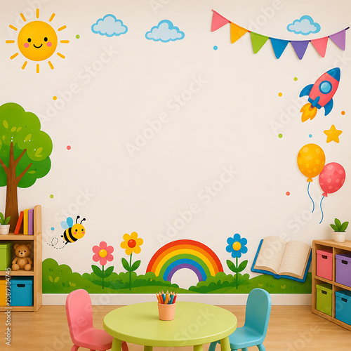 Colorful Kids Classroom Wall Background with Rainbow Sun Rocket Flowers and Learning Space