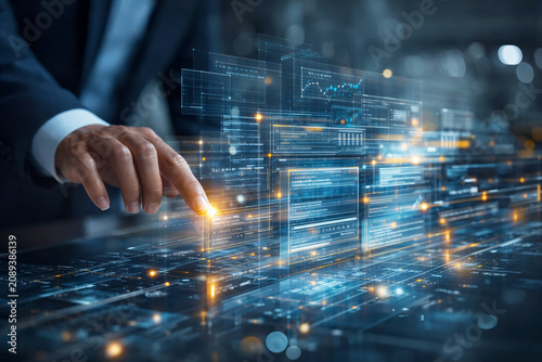 Businessman in a dark suit interacts with a floating holographic display of complex financial graphs and data charts to perform high level analysis for strategic corporate growth and risk management.