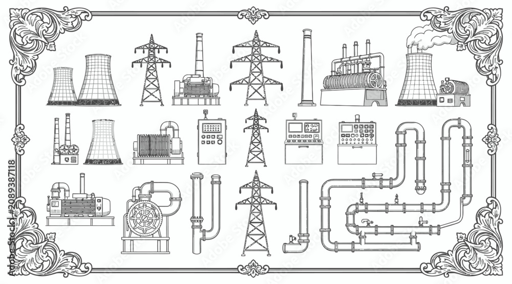 Fototapeta premium Industrial Plant Elements & Power Generation Machinery - Vintage Illustration Set