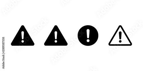 Collection of Four Diverse Warning Symbols with Exclamation Marks, Vector Icons Featuring Alert, Caution, Danger with Attention