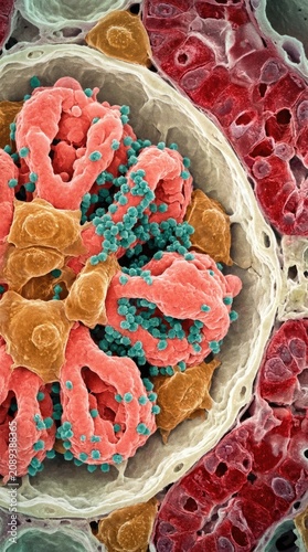 Hantavirus pathogen, showing viral entry into a human kidney glomerulus, demonstrating cellular infection process, visual representation of a zoonotic disease.