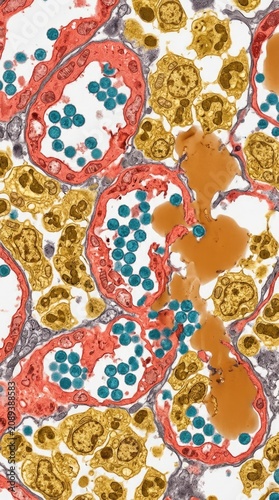 Hantavirus virion infecting microvascular endothelial cell, demonstrating abundant viral payload, cellular swelling, interstitial fluid accumulation, systemic infectious pathogen, disease consequence.