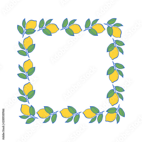 Decorative square lemon frame with hand drawn branches and leaves. Mediterranean inspired vector border for cards, packaging, labels and stationery.