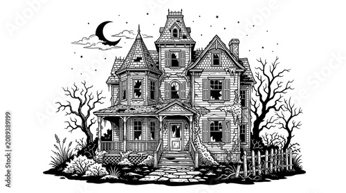 Canvastavla Spooky Haunted House Illustration, Creepy Victorian Mansion, Full Moon, Hallowee