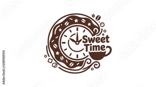 Tableau sur toile Sweet Time Coffee Break Logo - Clock, Donut, Coffee Cup, Beans, Stars