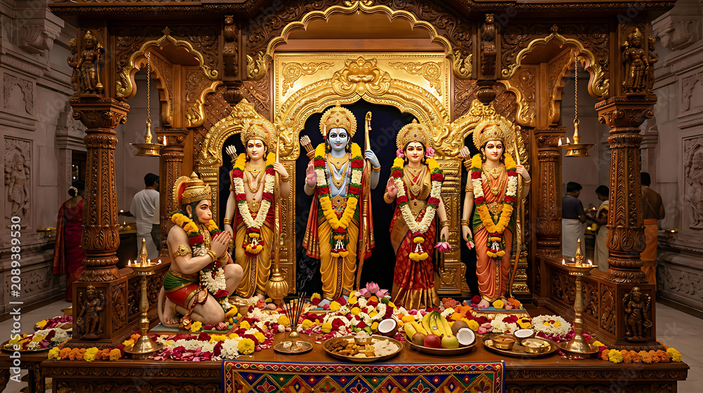 Obraz premium Intricately Decorated Hindu Deity Statues with Ritual Offerings in a Sacred Temple Setting