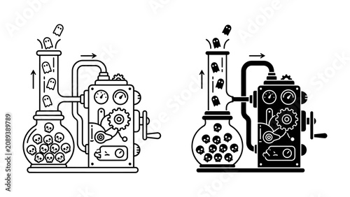 Tableau sur toile Retro-futuristic Capsule Machine: An intricate, retro-futuristic contraption designed to process capsules, depicted in both line art and silhouette style