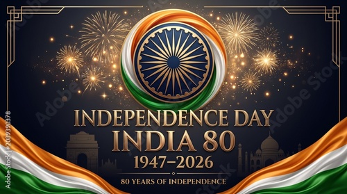 Elegant 80th India Independence Day banner with golden Ashoka Chakra, fireworks, navy background and flowing tricolor silk