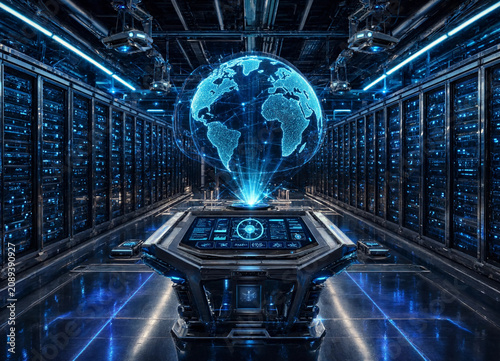 Futuristic server room with large blue globe display transparent background