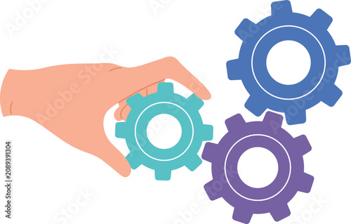 Hand placing a gear to work with other gears, representing teamwork and integration