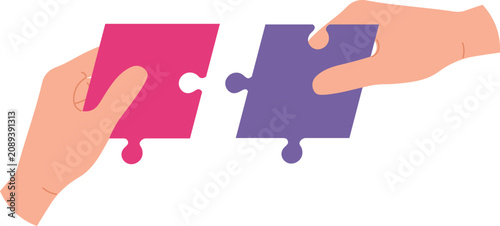 Fényképezés Two hands joining pink and purple jigsaw puzzle pieces, representing connection