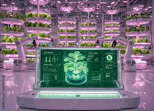 Modern indoor hydroponic farm with robotic arms and plant growth monitor  futuristic agriculture technology transparent background
