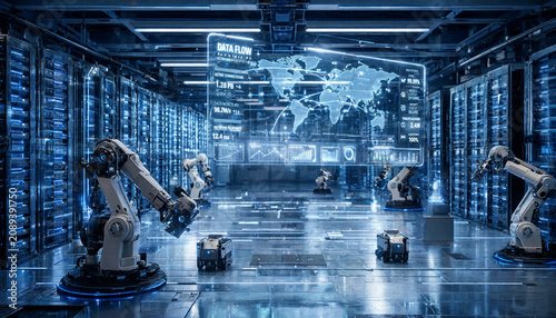 Robotic arms in futuristic factory with data flow interface transparent background