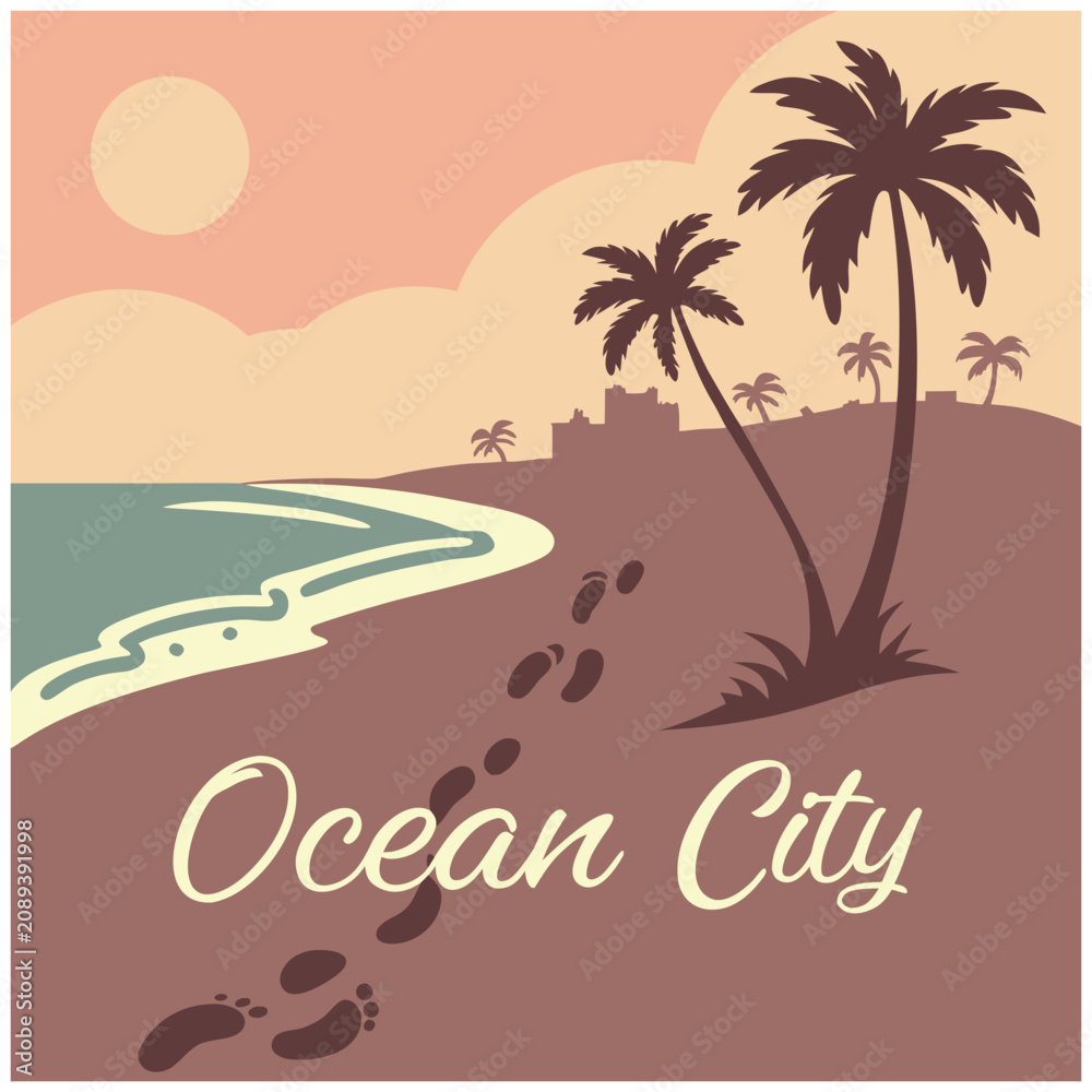 Fototapeta premium Vintage Ocean City Beach Retro Poster Design with Palm Trees, Footprints on Sand and Sunset, Vector Illustration