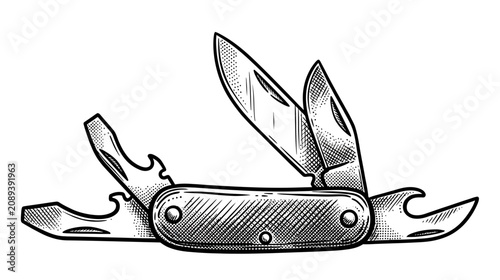 Schilderij op canvas Vintage Pocket Knife Illustration - Multi-tool Camping Gear