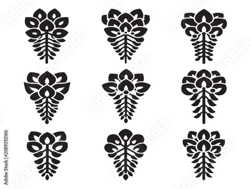 Wisteria flower silhouette icon set featuring floral botanical vector shapes