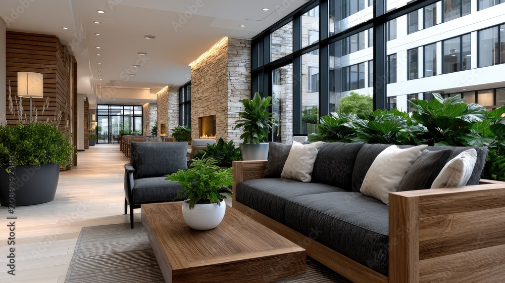Fototapeta premium Luxury senior rehabilitation center features glass walls and indoor gardens in a modern setting