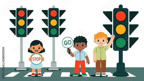 Diverse children learning road safety on a pedestrian crosswalk with stop and go signs by traffic lights