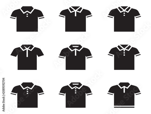 Set of black polo shirt icons featuring various collar styles in flat vector