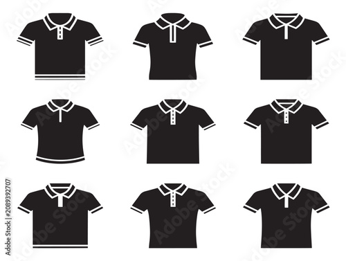 Collection of solid black polo shirt icons featuring various collar styles in a minimalist vector graphic design