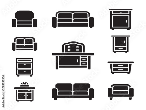 Minimalist Furniture Icon Set Featuring Sofas and Cabinets in Solid Black