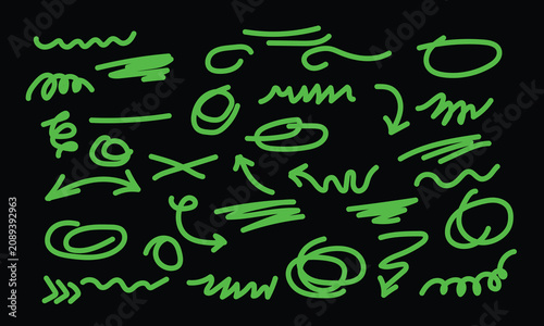 Vibrant green neon hand drawn scribble lines chart on black background, toxic green linear look highlights circles dividers arrows grid matrix, alternative presentation graphics bundle