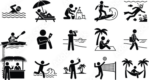 Konstfotografi Set of black and white summer vacation and outdoor activity icons featuring stic