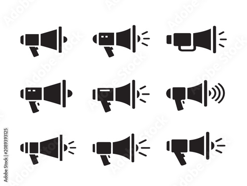 Set of solid black megaphone icons for communication and marketing design