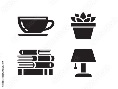 Solid Black Silhouette Icons of Table Top Objects in Minimalist Style